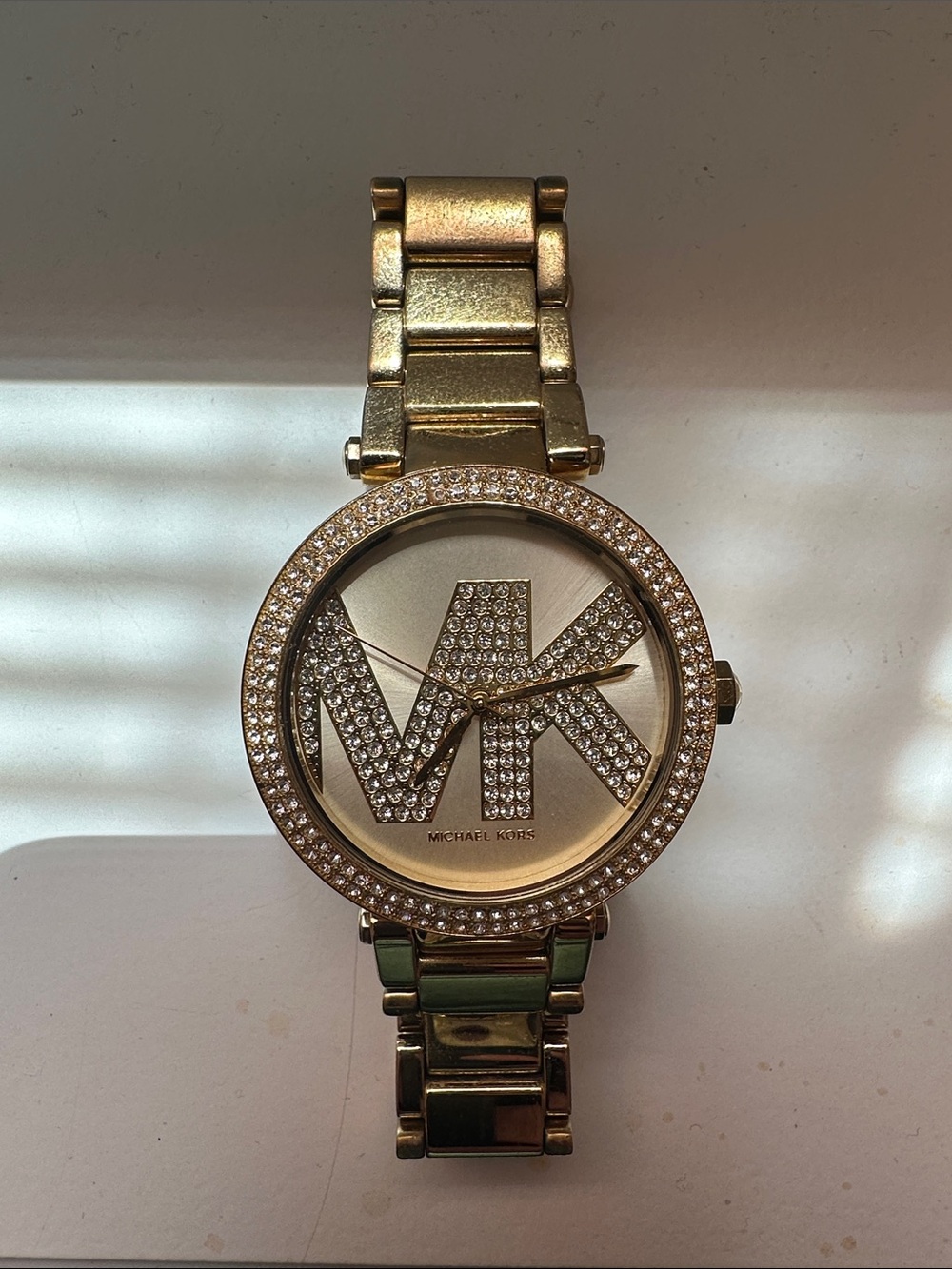 Michael Kors Gold Tone Crystal MK Logo Bracelet Watch